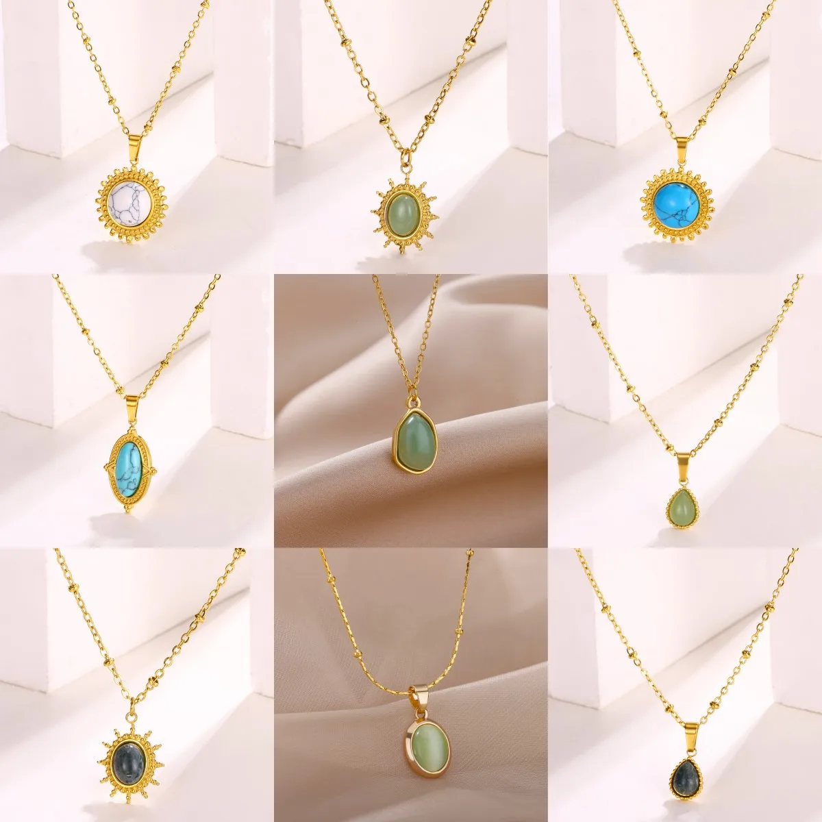 Stainless Steel Oval Opal Pendant Necklaces For Women 18 K Gold Color Chain Necklace Cute Lucky Round Sun Jewelry Accesorios New